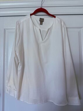 Chico's Cream Split-Neck Pattern Fabric Long Sleeve Blouse